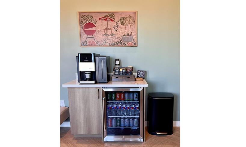 Cabinet in Georgetown dental office with coffee maker and refrigerator