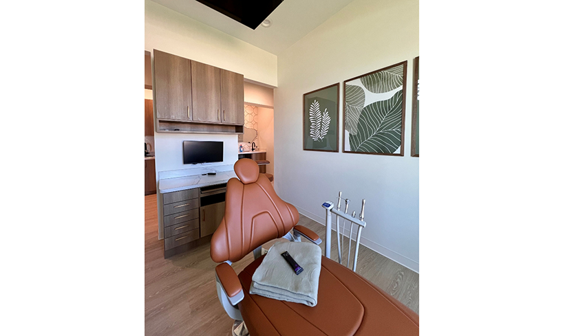 Dental chair in treatment area with picture on nearby wall