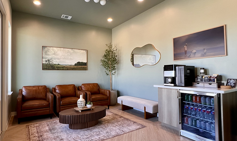 Pulled back shot of waiting room in dental office
